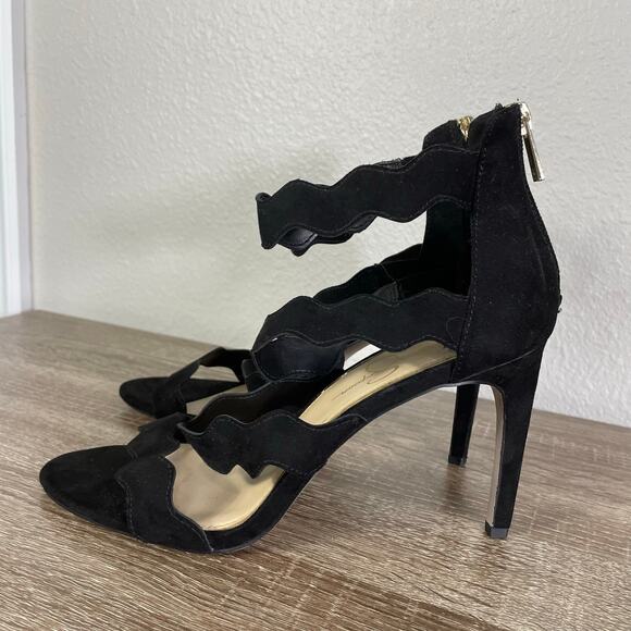Jessica Simpson Black‎ Ruffle Heels 9.5M Zip Back Stiletto Sandals Leather Sole - Picture 5 of 9
